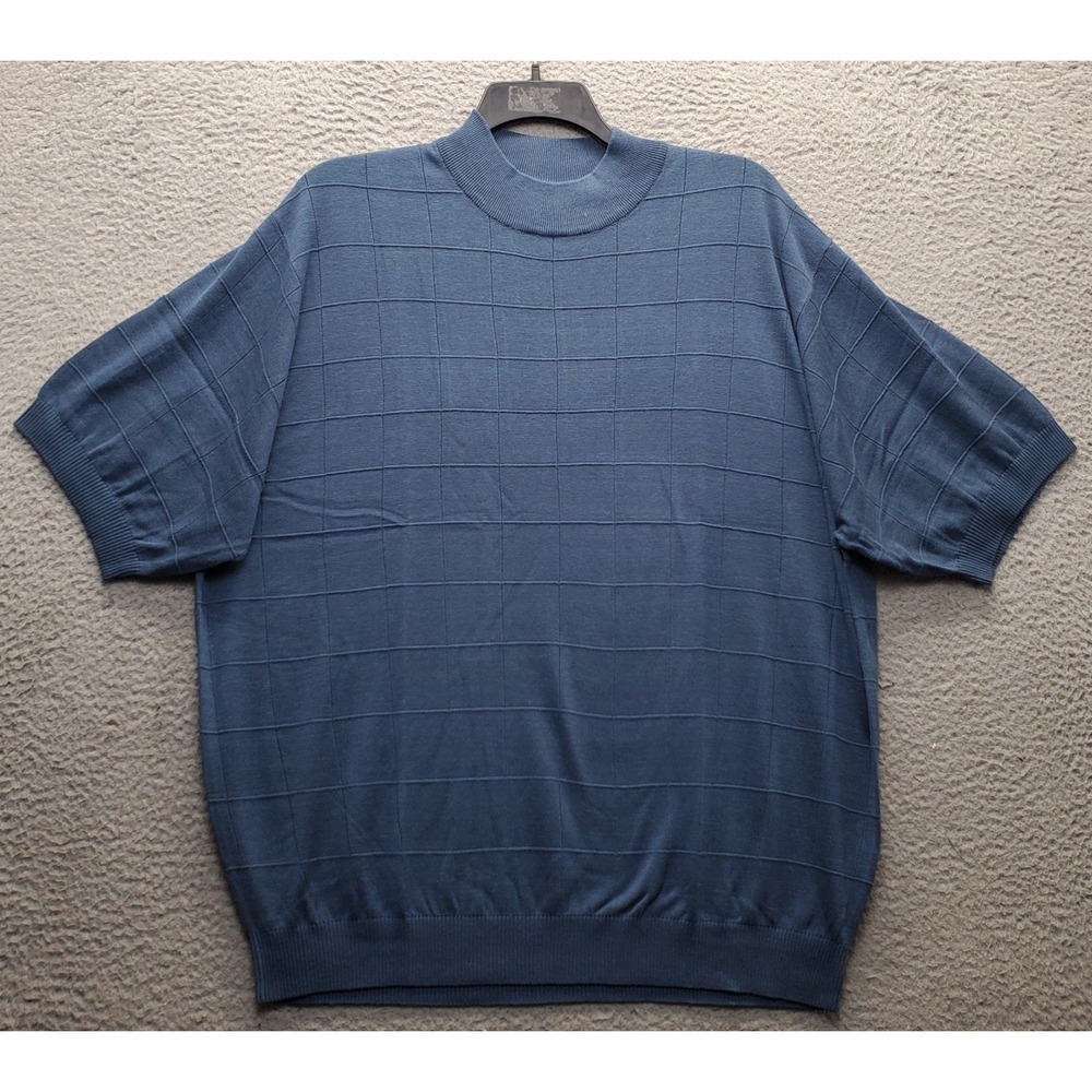 Paul Fredrick Sweater Mens 3XL Blue Self Check Knit Silk Short-Sleeve Pullover